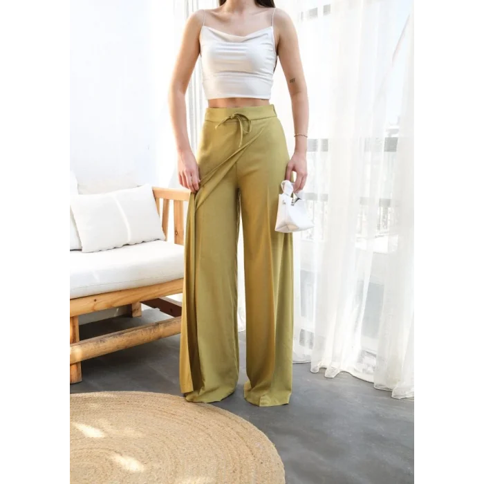 Keten Önü Çapraz Parçali Lasti̇kli̇ Ve Bağcikli Geni̇ş Paça Pantolon