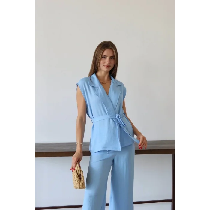 Keten yelek pantolon takım mavi pt