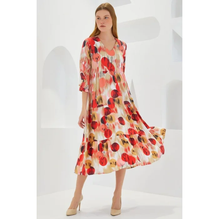 Kiremit Ekru Desenli Kısa Kol Viskon Elbise 1959