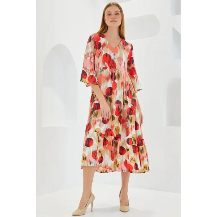 Kiremit Ekru Desenli Kısa Kol Viskon Elbise 1959