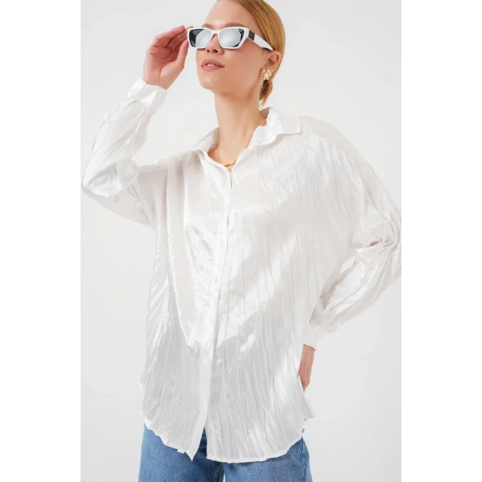 Kırışık Saten Gömlek 20316 - Beyaz