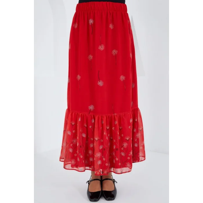 Kırmızı Desenli Şifon Etek 8010
