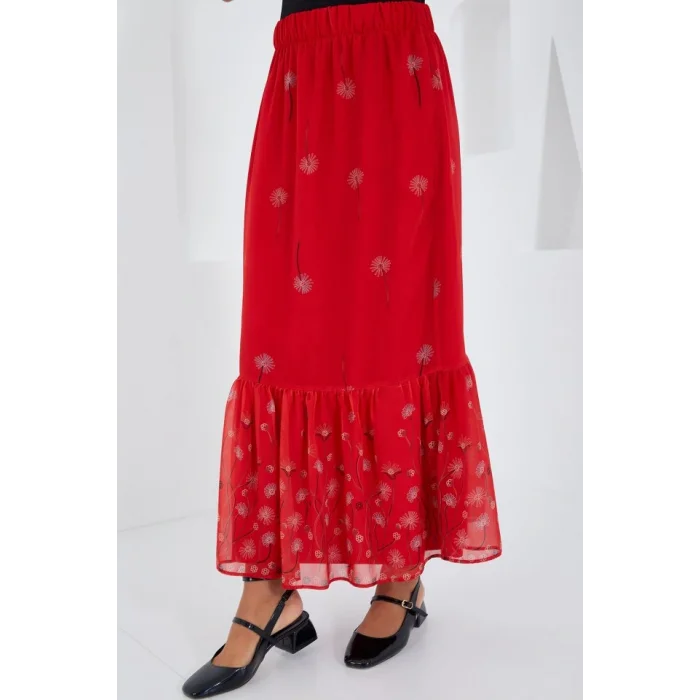 Kırmızı Desenli Şifon Etek 8010