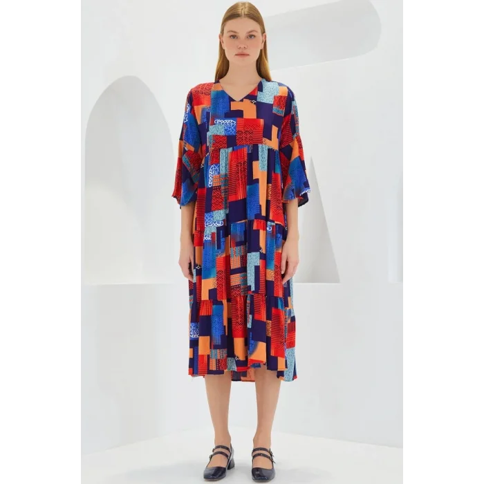 Kırmızı Saks Desenli Kısa Kol Viskon Elbise 1959