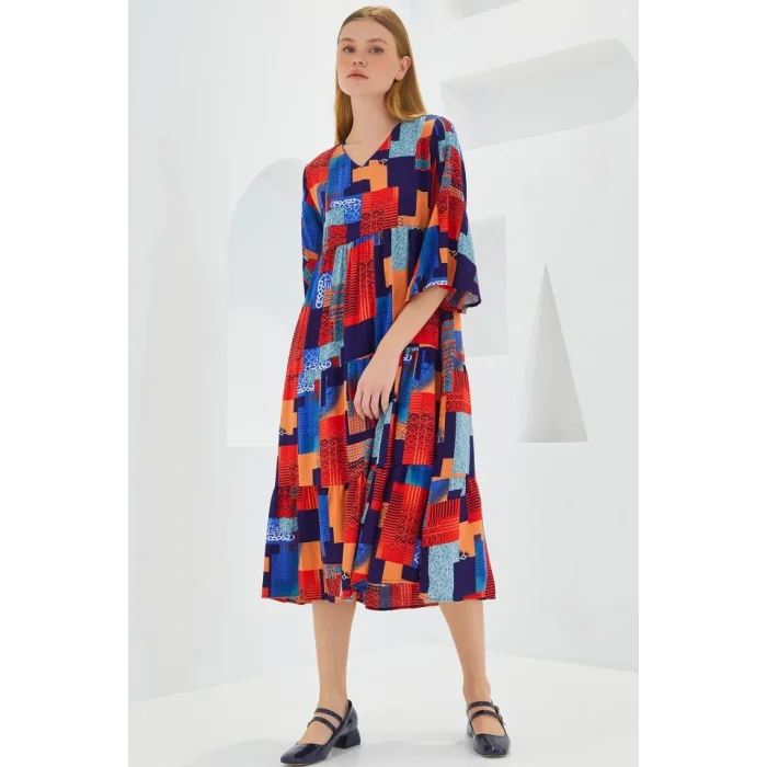 Kırmızı Saks Desenli Kısa Kol Viskon Elbise 1959