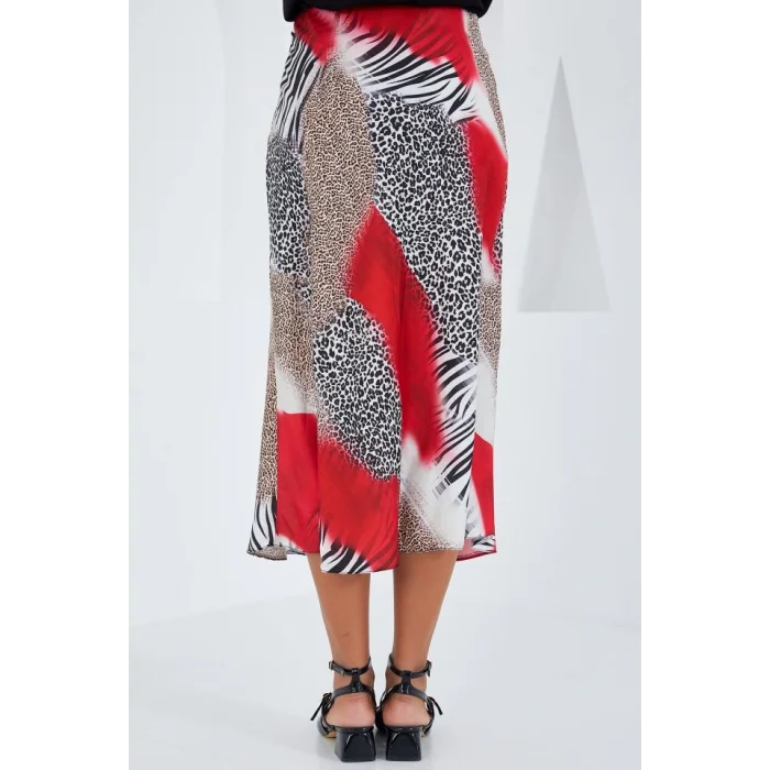 Kırmızı Siyah Desenli Saten Etek 15806