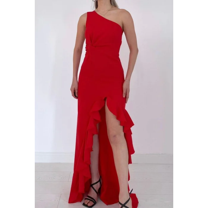 Kırmızı Yırtmaçlı Volanlı Elbise