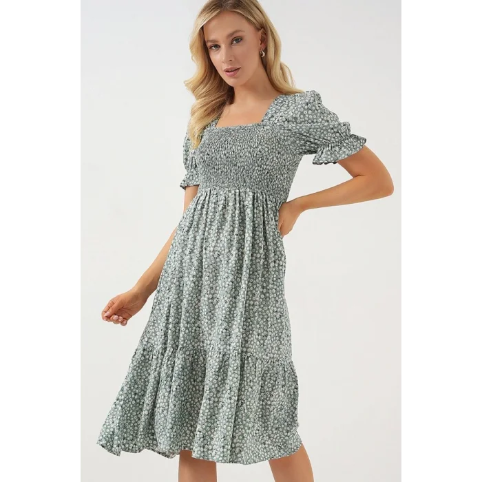Kısa Kol Çiçekli Elbise 2556 - Mint