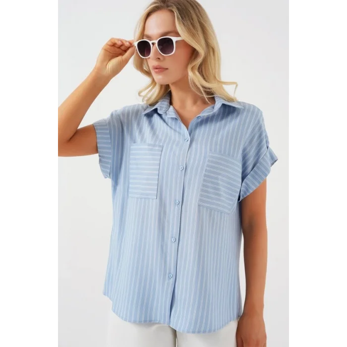 Kısa Kol Çizgili Oversize Gömlek 20303 - Mavi