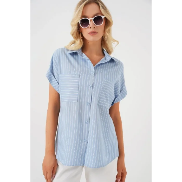 Kısa Kol Çizgili Oversize Gömlek 20303 - Mavi