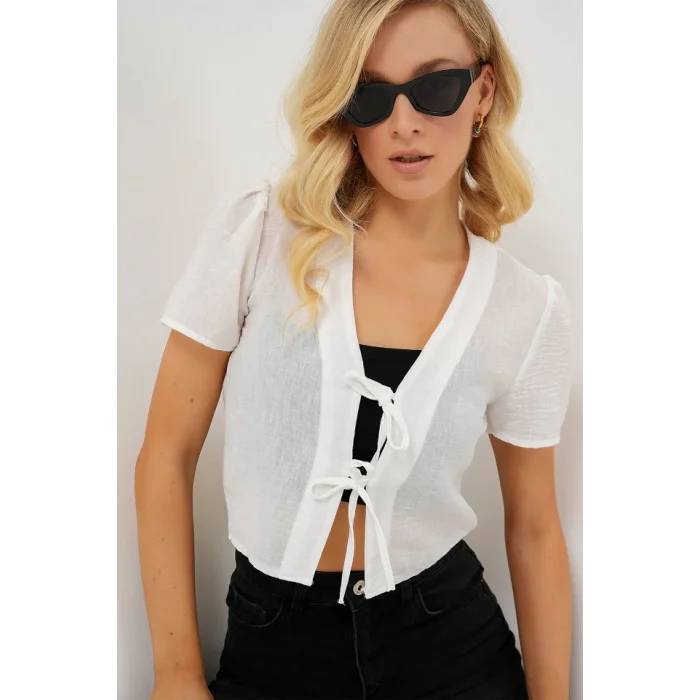Kısa Kol Crop Bluz 958 - Beyaz