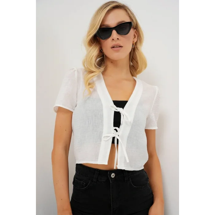 Kısa Kol Crop Bluz 958 - Beyaz