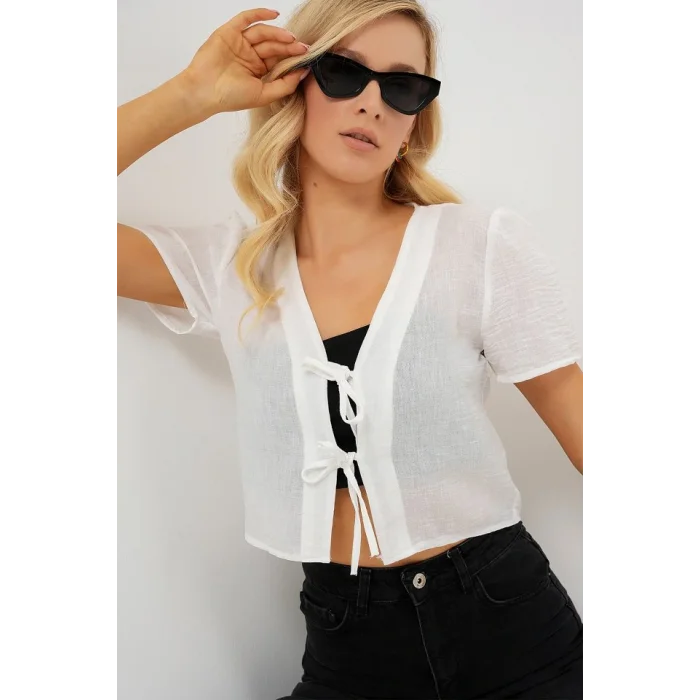 Kısa Kol Crop Bluz 958 - Beyaz