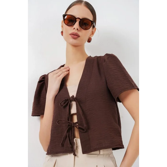 Kısa Kol Crop Bluz 958 - Kahverengi