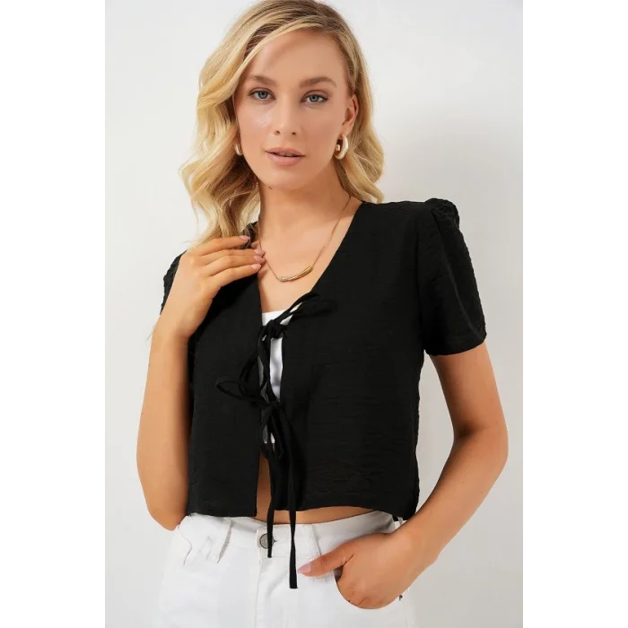 Kısa Kol Crop Bluz 958 - Siyah