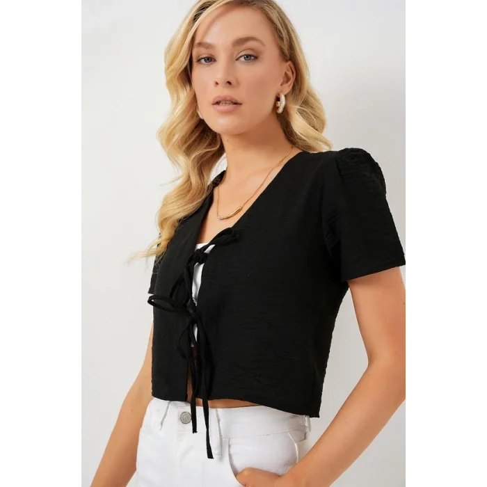 Kısa Kol Crop Bluz 958 - Siyah
