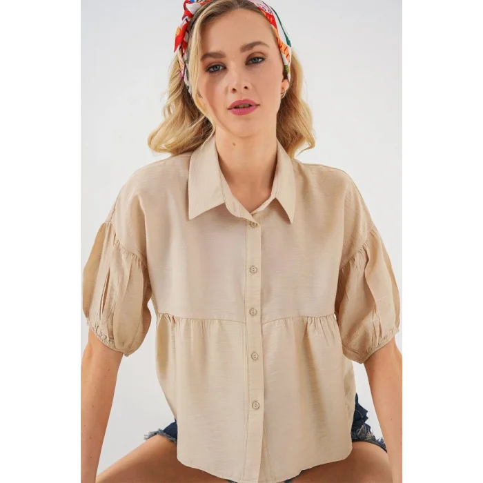 Kısa Kol Crop Gömlek 20335 - Bej
