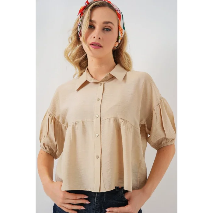 Kısa Kol Crop Gömlek 20335 - Bej