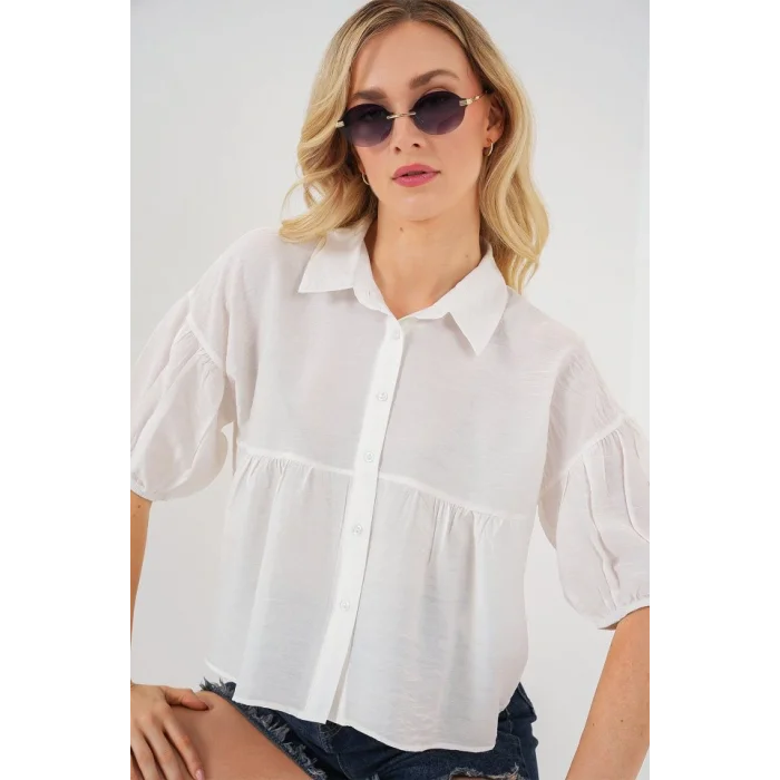 Kısa Kol Crop Gömlek 20335 - Beyaz