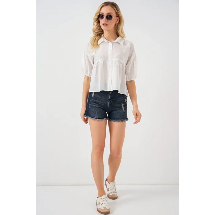 Kısa Kol Crop Gömlek 20335 - Beyaz