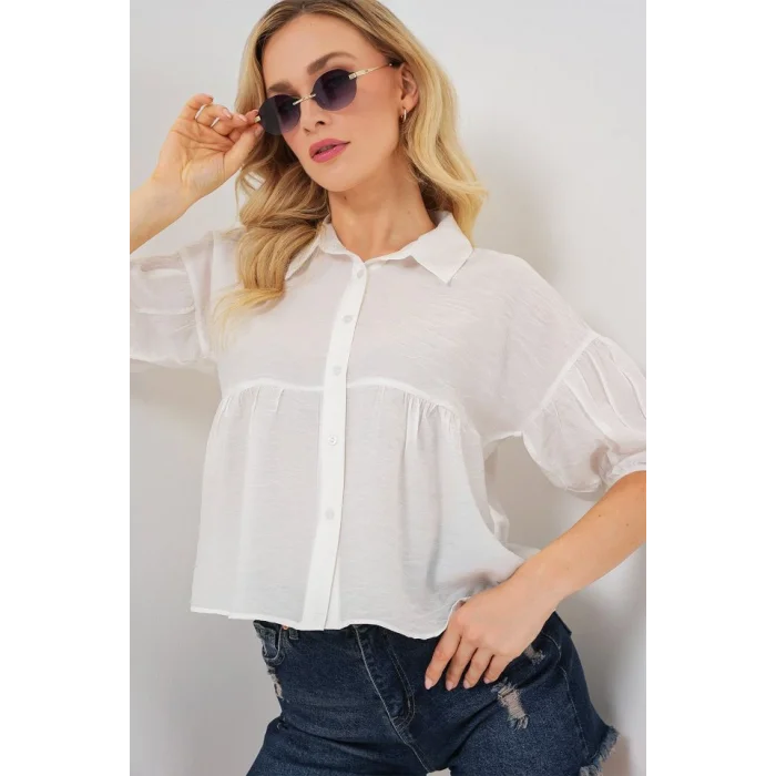 Kısa Kol Crop Gömlek 20335 - Beyaz