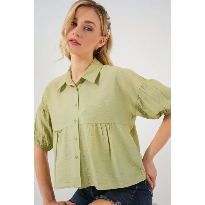 Kısa Kol Crop Gömlek 20335 - E.Yeşil