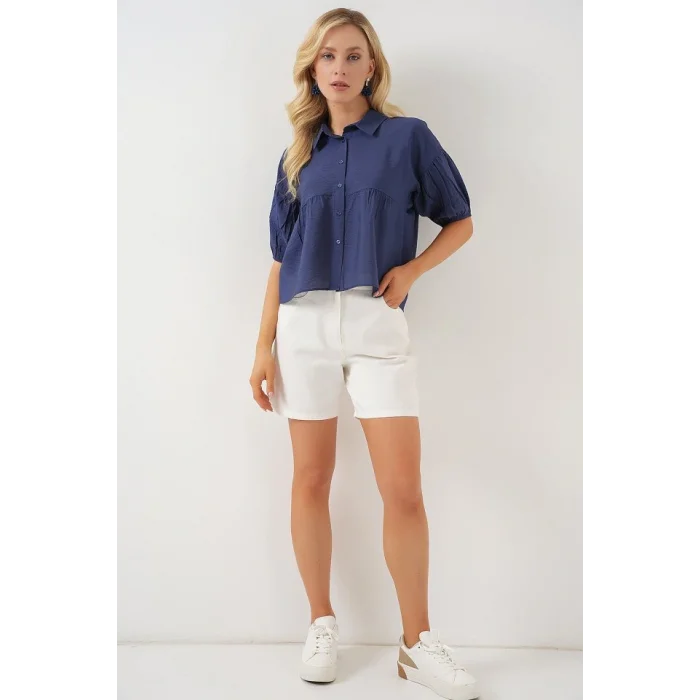 Kısa Kol Crop Gömlek 20335 - İndigo