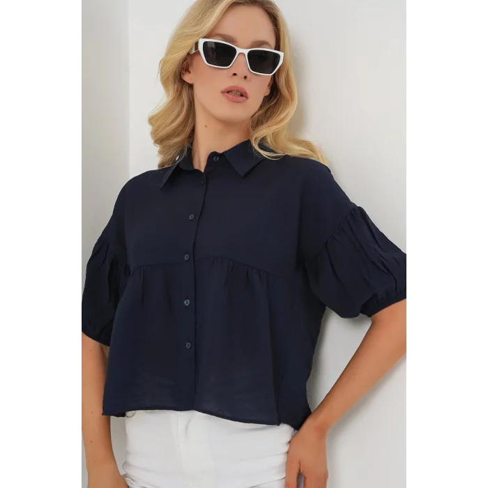 Kısa Kol Crop Gömlek 20335 - Lacivert