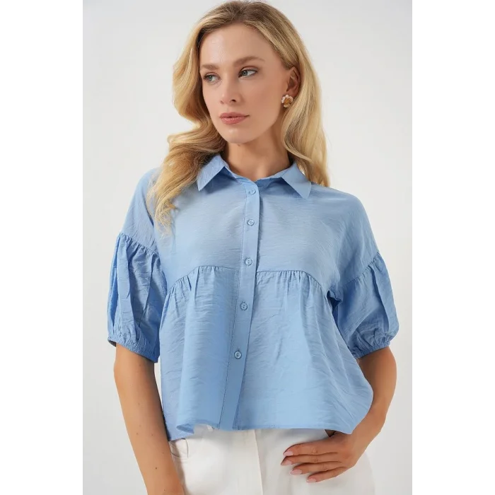 Kısa Kol Crop Gömlek 20335 - Mavi