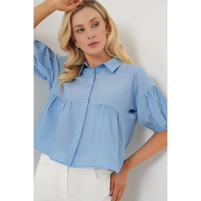 Kısa Kol Crop Gömlek 20335 - Mavi