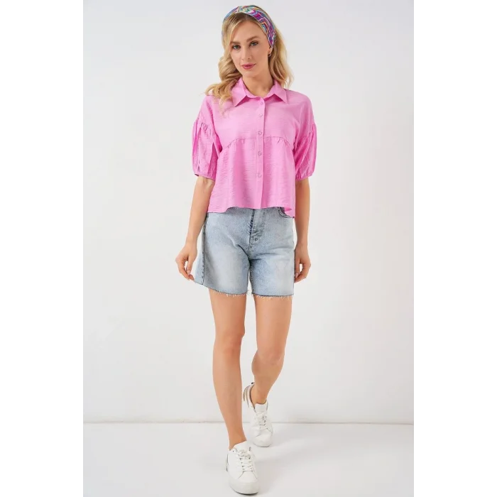 Kısa Kol Crop Gömlek 20335 - Pudra