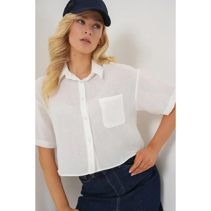 Kısa Kol Crop Gömlek 20341 - Beyaz