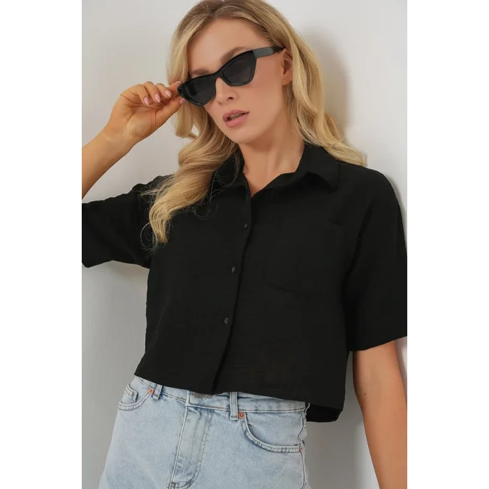 Kısa Kol Crop Gömlek 20341 - Siyah