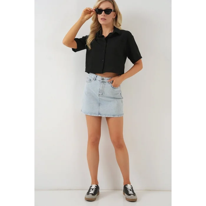 Kısa Kol Crop Gömlek 20341 - Siyah