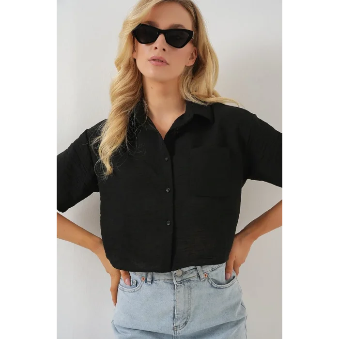 Kısa Kol Crop Gömlek 20341 - Siyah