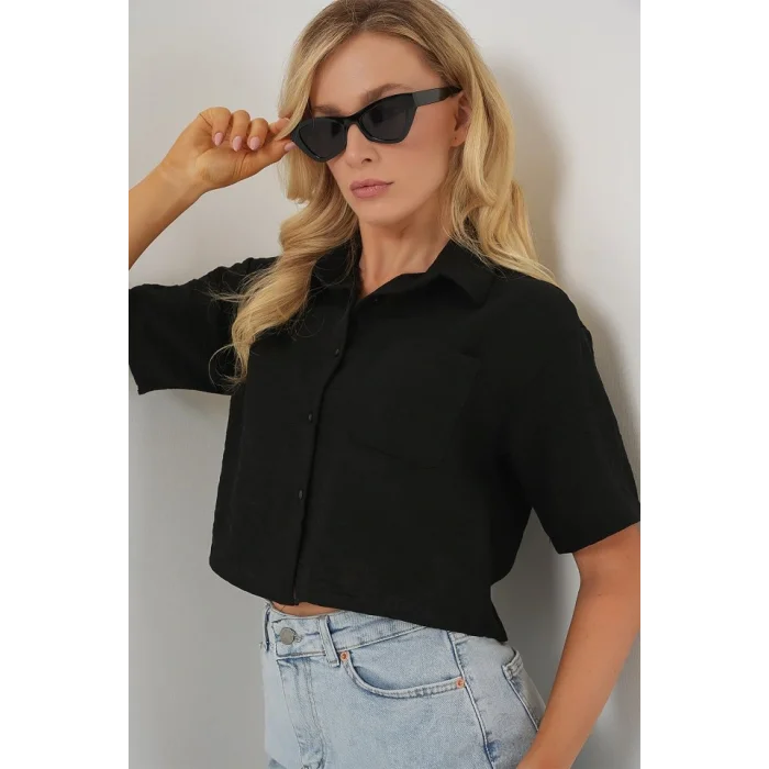 Kısa Kol Crop Gömlek 20341 - Siyah