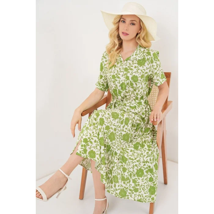 Kısa Kol Desenli Elbise 2560 - E.Yeşil