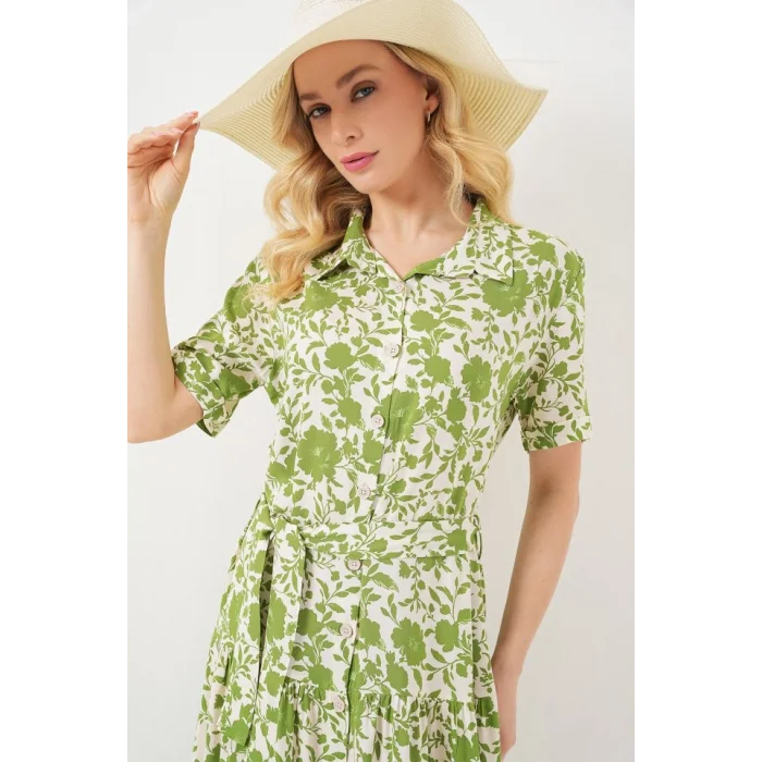 Kısa Kol Desenli Elbise 2560 - E.Yeşil