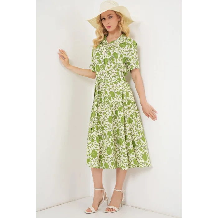 Kısa Kol Desenli Elbise 2560 - E.Yeşil