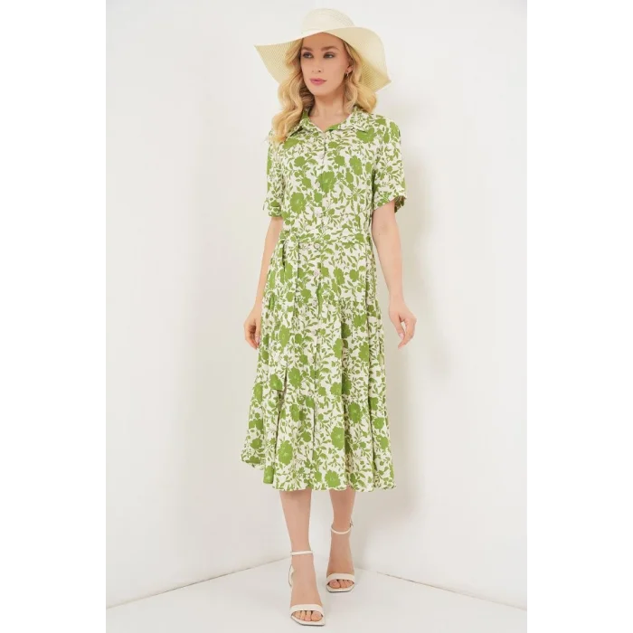 Kısa Kol Desenli Elbise 2560 - E.Yeşil