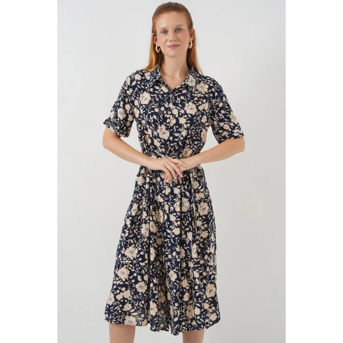 Kısa Kol Desenli Elbise 2560 - Lacivert