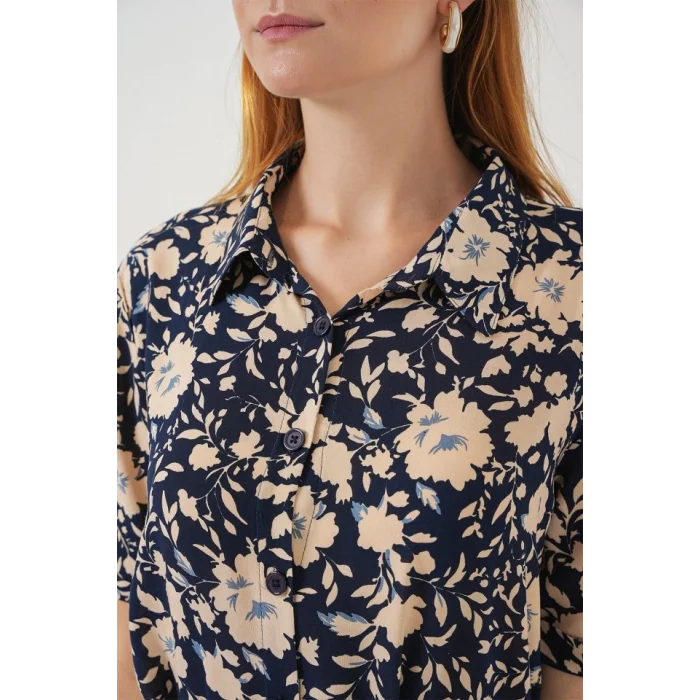 Kısa Kol Desenli Elbise 2560 - Lacivert