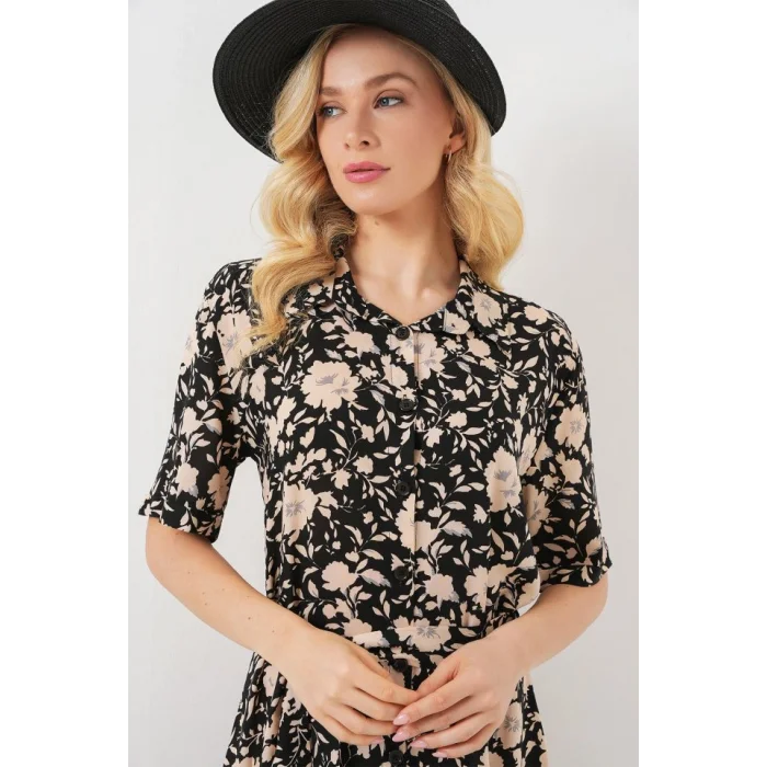 Kısa Kol Desenli Elbise 2560 - Siyah