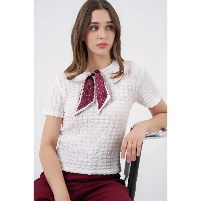 Kısa Kol Fularlı Örme Bluz 981 - Beyaz