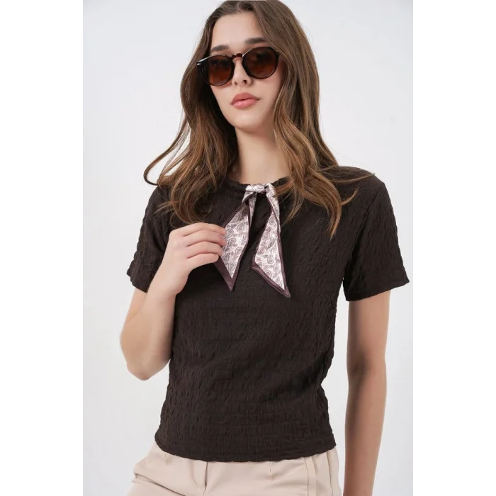 Kısa Kol Fularlı Örme Bluz 981 - Kahverengi
