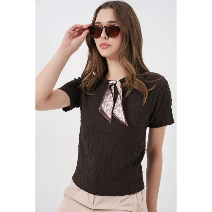 Kısa Kol Fularlı Örme Bluz 981 - Kahverengi