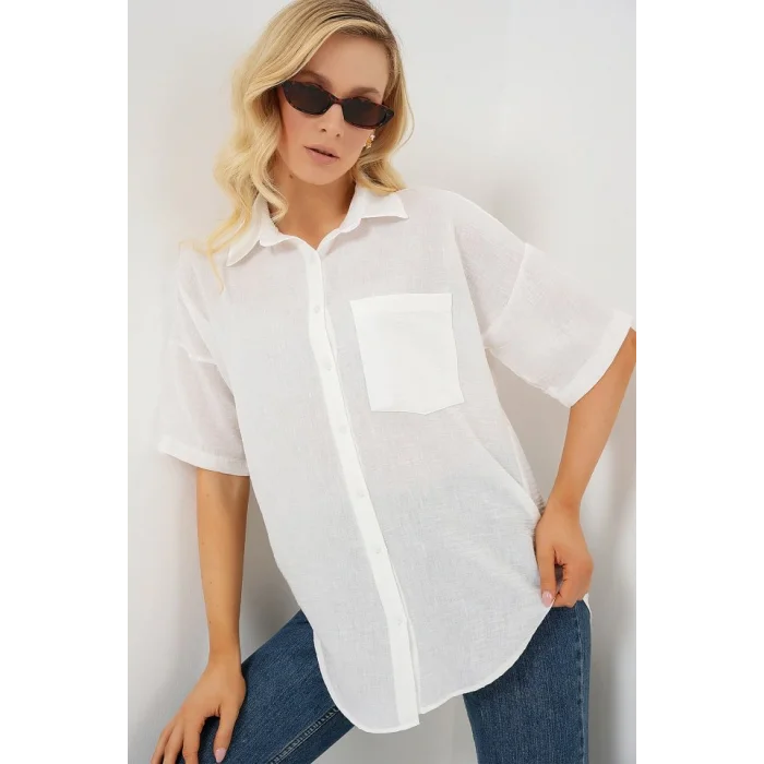 Kısa Kol Keten Görünümlü Gömlek 20336 - Beyaz