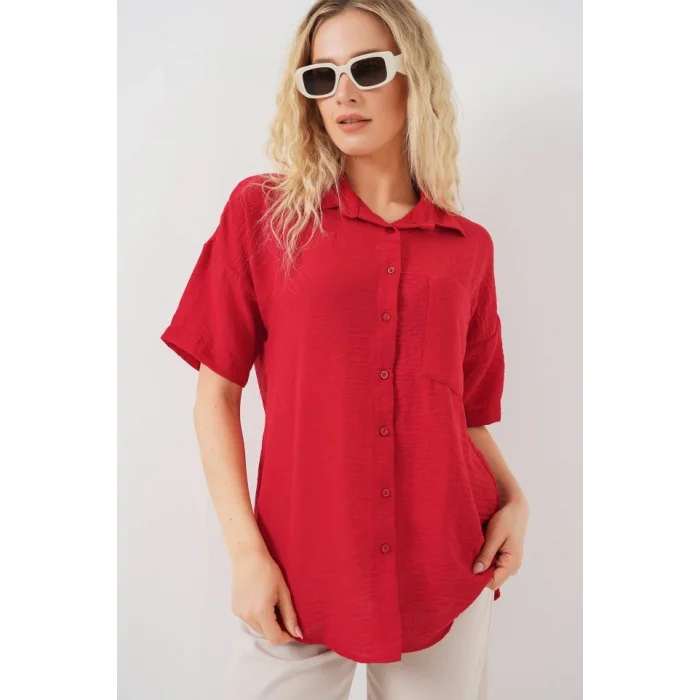 Kısa Kol Keten Görünümlü Gömlek 20336 - Kırmızı