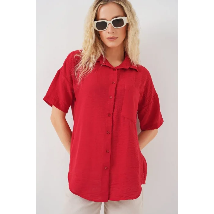 Kısa Kol Keten Görünümlü Gömlek 20336 - Kırmızı