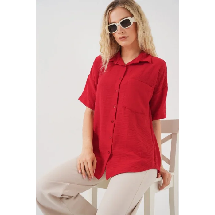 Kısa Kol Keten Görünümlü Gömlek 20336 - Kırmızı